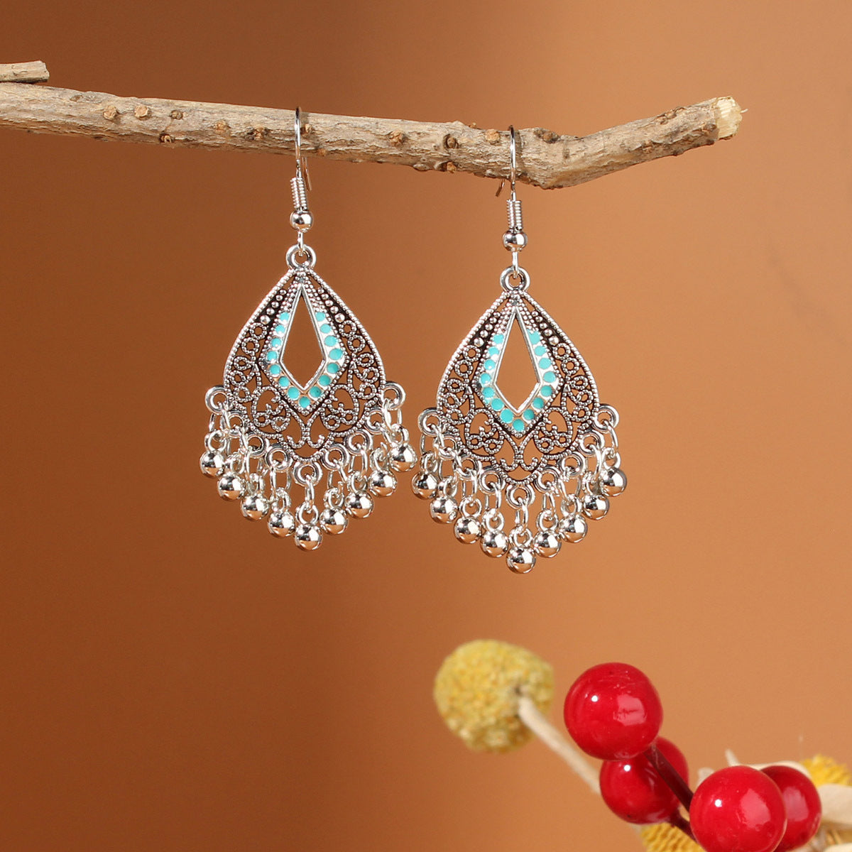 Tibetan Colorful Feather Dangle Earrings with Turquoise | Long Fringe Bohemian Statement Jewelry |
