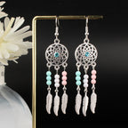 Tibetan Cross-Border Ethnic Silver Earrings | Colorful Feather Dangle Earrings with Turquoise