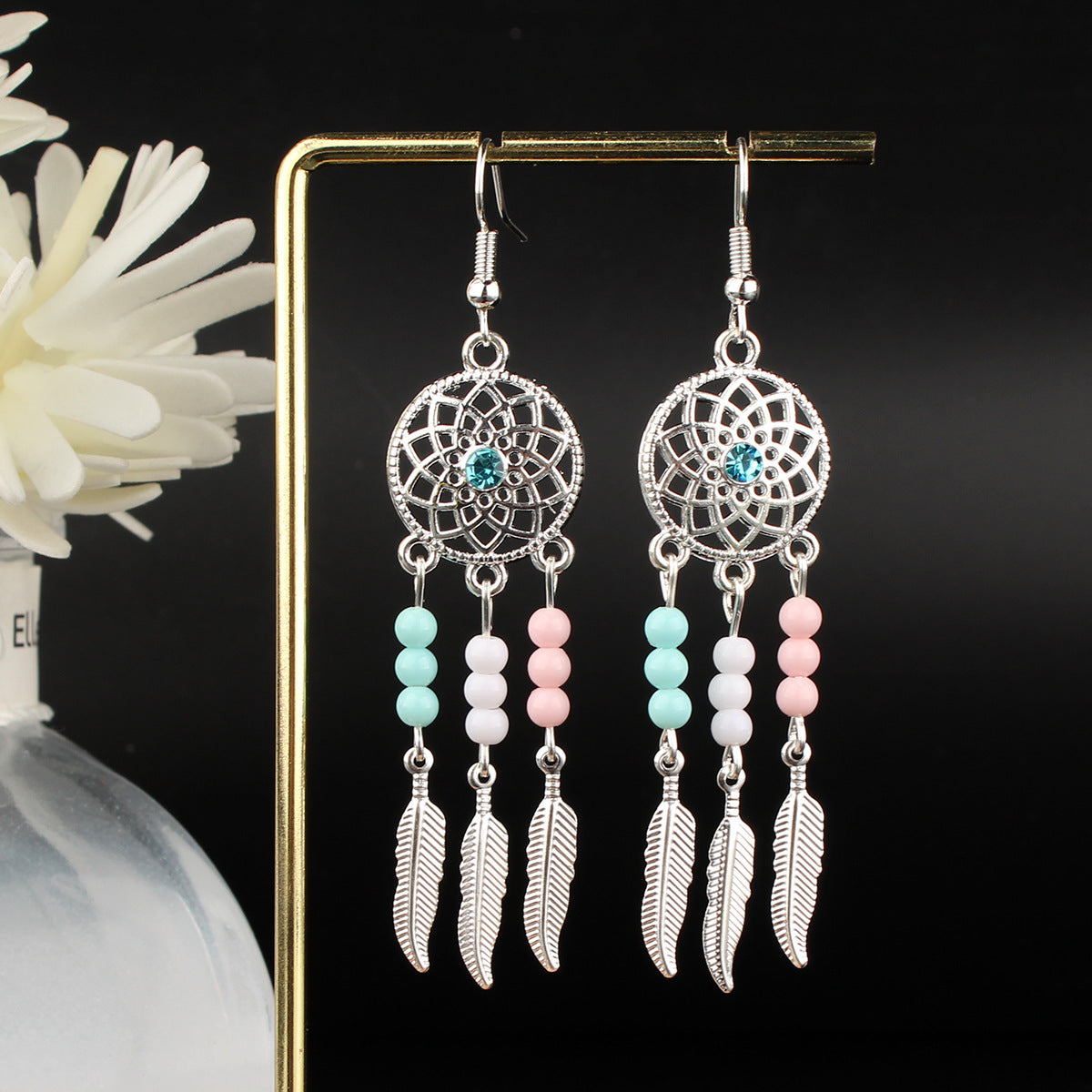 Tibetan Cross-Border Ethnic Silver Earrings | Colorful Feather Dangle Earrings with Turquoise