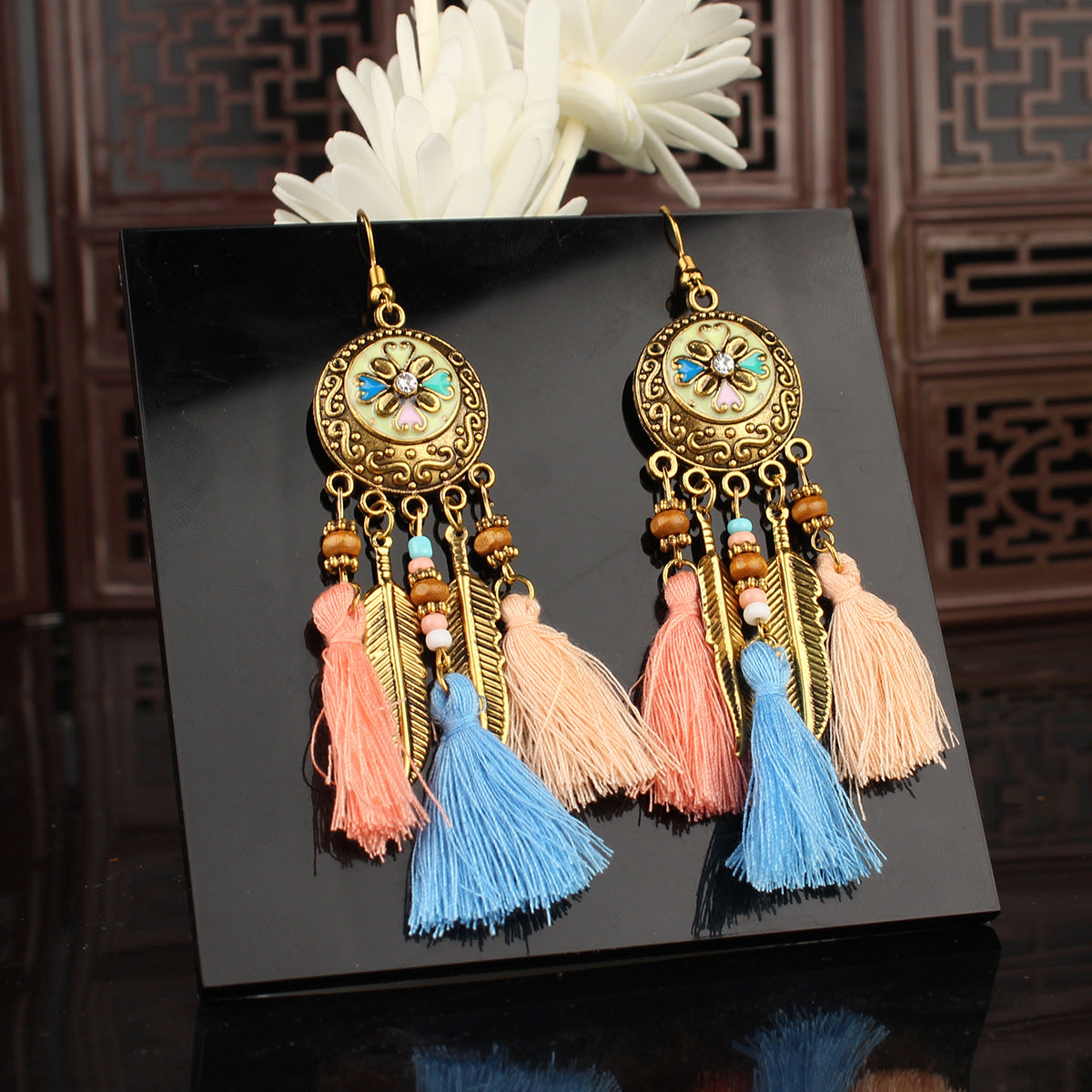 Tibetan Cross-Border Ethnic Silver Earrings | Colorful Feather Dangle Earrings with Turquoise