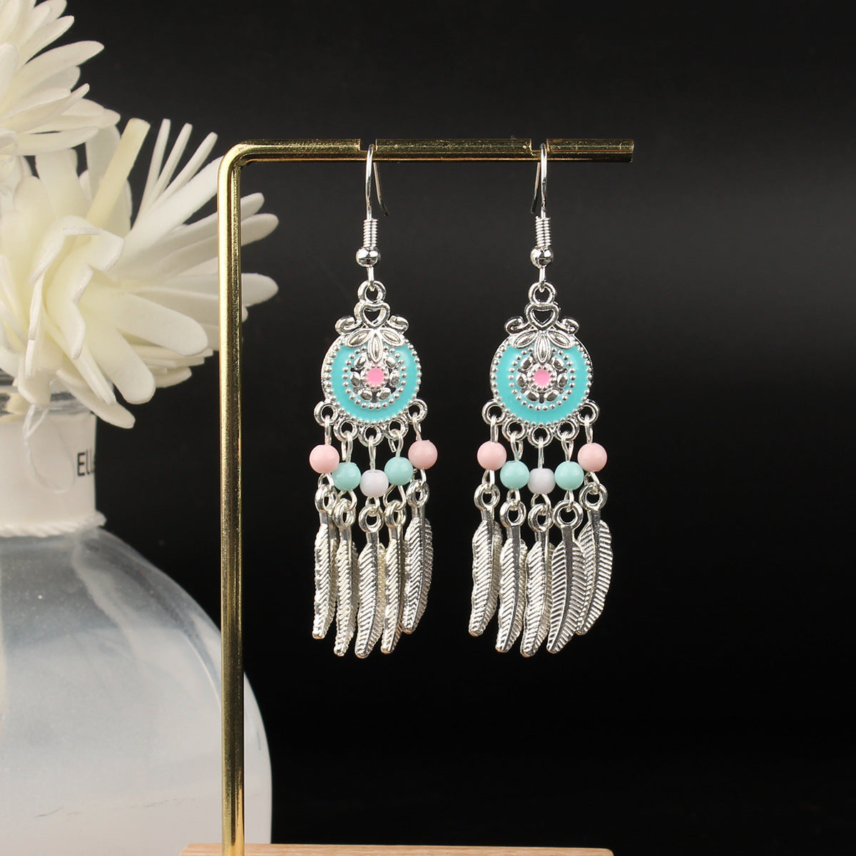 Tibetan Cross-Border Ethnic Silver Earrings | Colorful Feather Dangle Earrings with Turquoise