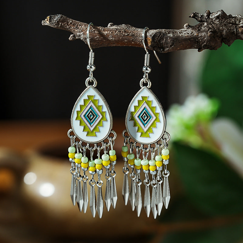 Tibetan Cross-Border Ethnic Silver Earrings | Colorful Feather Dangle Earrings with Turquoise | Long Fringe Bohemian Statement Jewelry