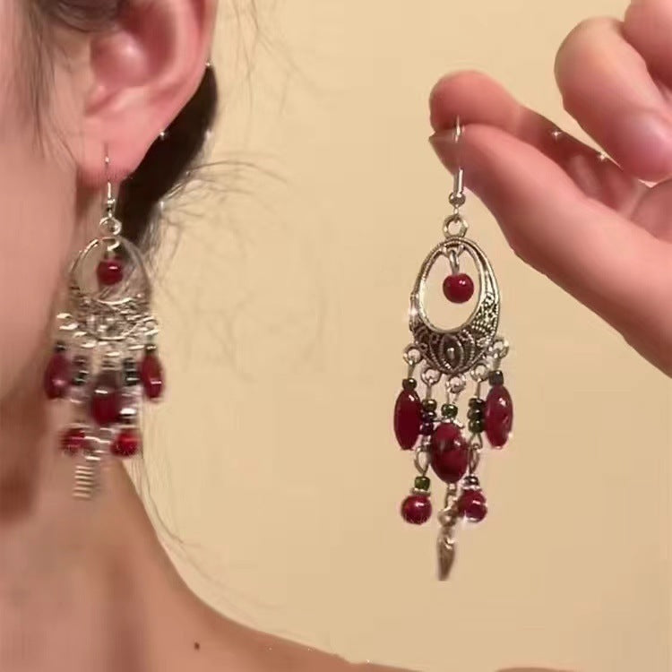 Tibetan openwork earrings Ethnic Silver Earrings | Colorful Feather Dangle Earrings with Turquoise | Long Fringe Bohemian Statement Jewelry