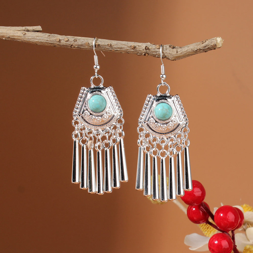 Tibetan Cross-Border Ethnic Silver Earrings | Colorful Feather Dangle Earrings with Turquoise