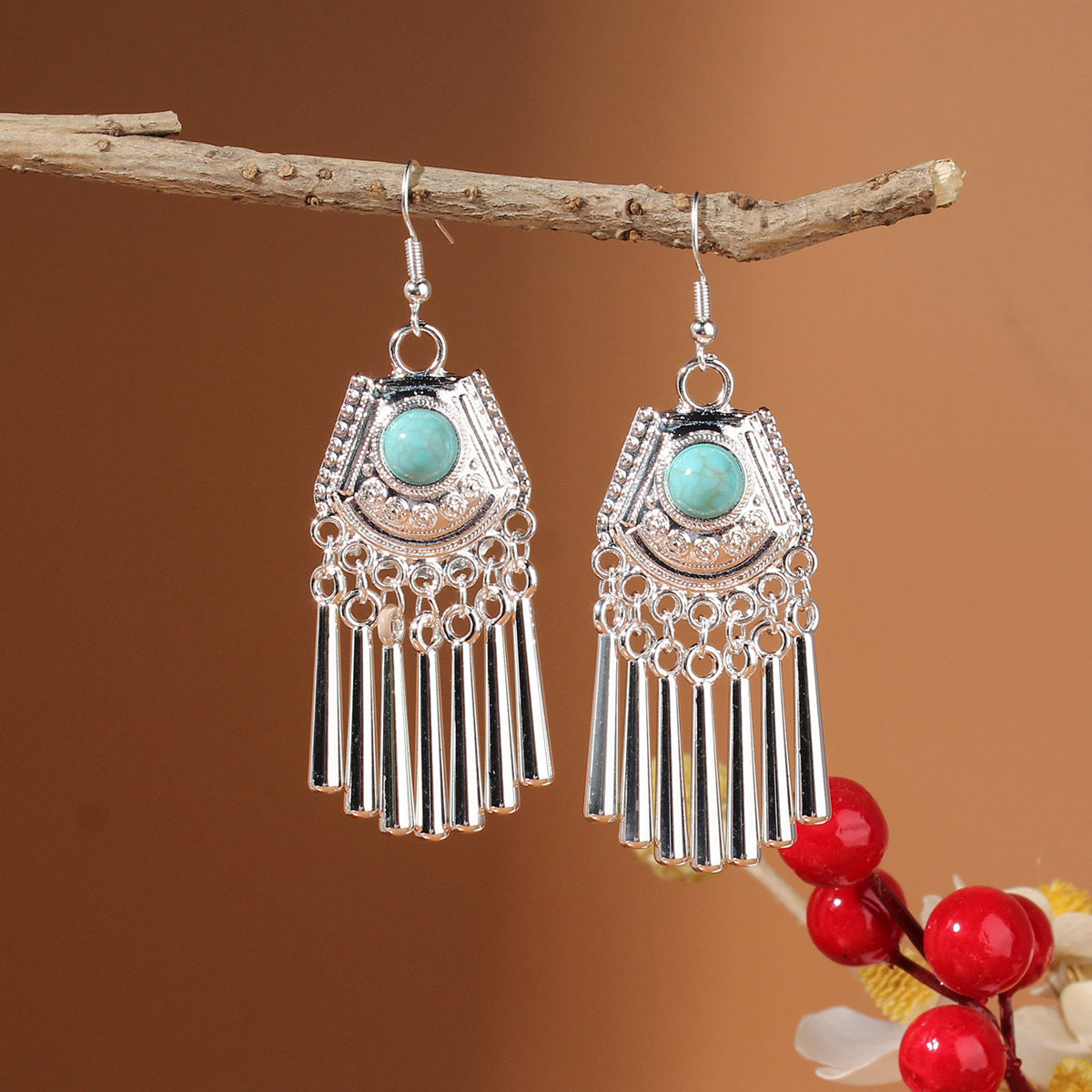 Tibetan Cross-Border Ethnic Silver Earrings | Colorful Feather Dangle Earrings with Turquoise | Long Fringe Bohemian Statement Jewelry