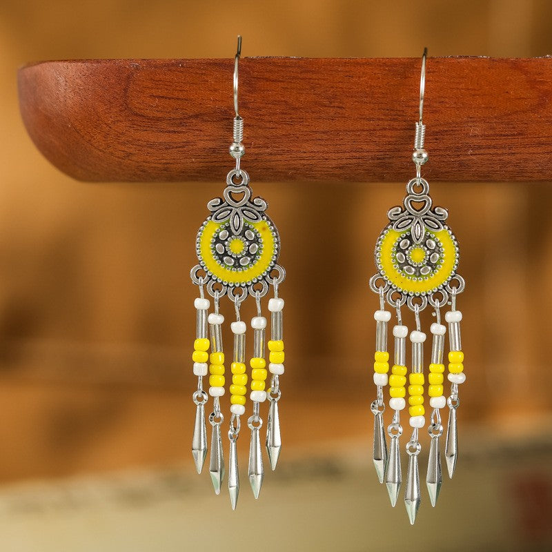 Tibetan Cross-Border Ethnic Silver Earrings | Colorful Feather Dangle Earrings with Turquoise