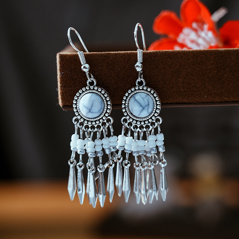Tibetan Cross-Border Ethnic Silver Earrings | Colorful Feather Dangle Earrings with Turquoise