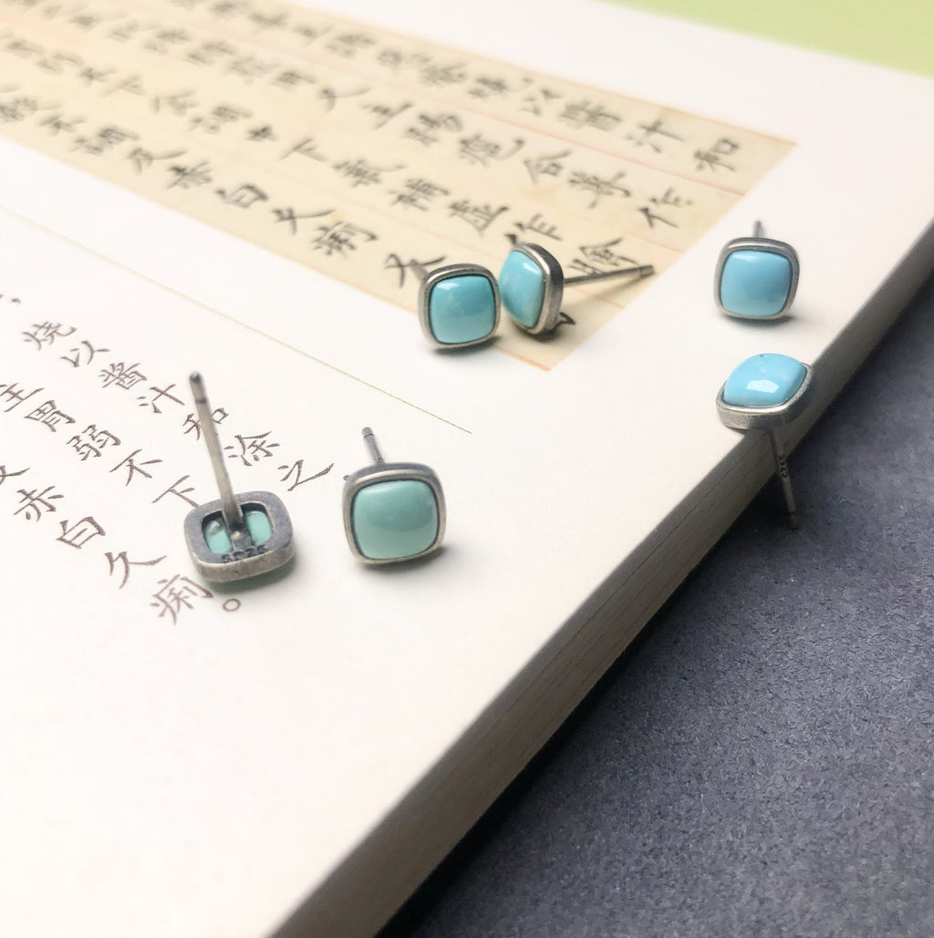 Tibetan Raw Turquoise Cube Stud Earrings Precision-Set in S925 Sterling Silver | Minimalist Daily Wear