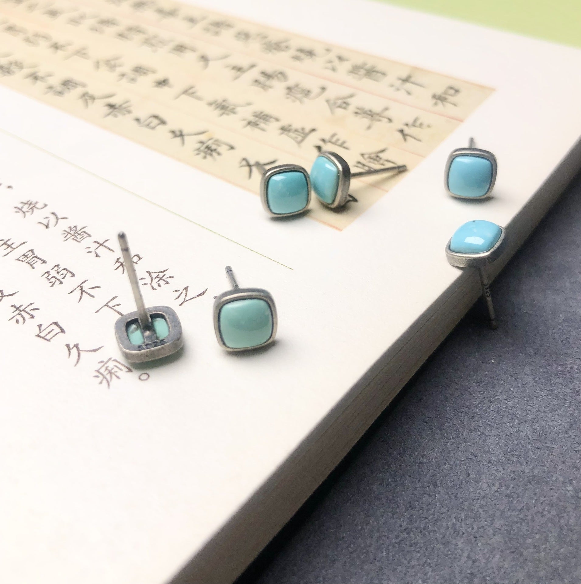 Tibetan Raw Turquoise Cube Stud Earrings Precision-Set in S925 Sterling Silver | Minimalist Daily Wear