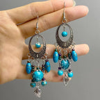 Tibetan openwork earrings Ethnic Silver Earrings | Colorful Feather Dangle Earrings with Turquoise | Long Fringe Bohemian Statement Jewelry