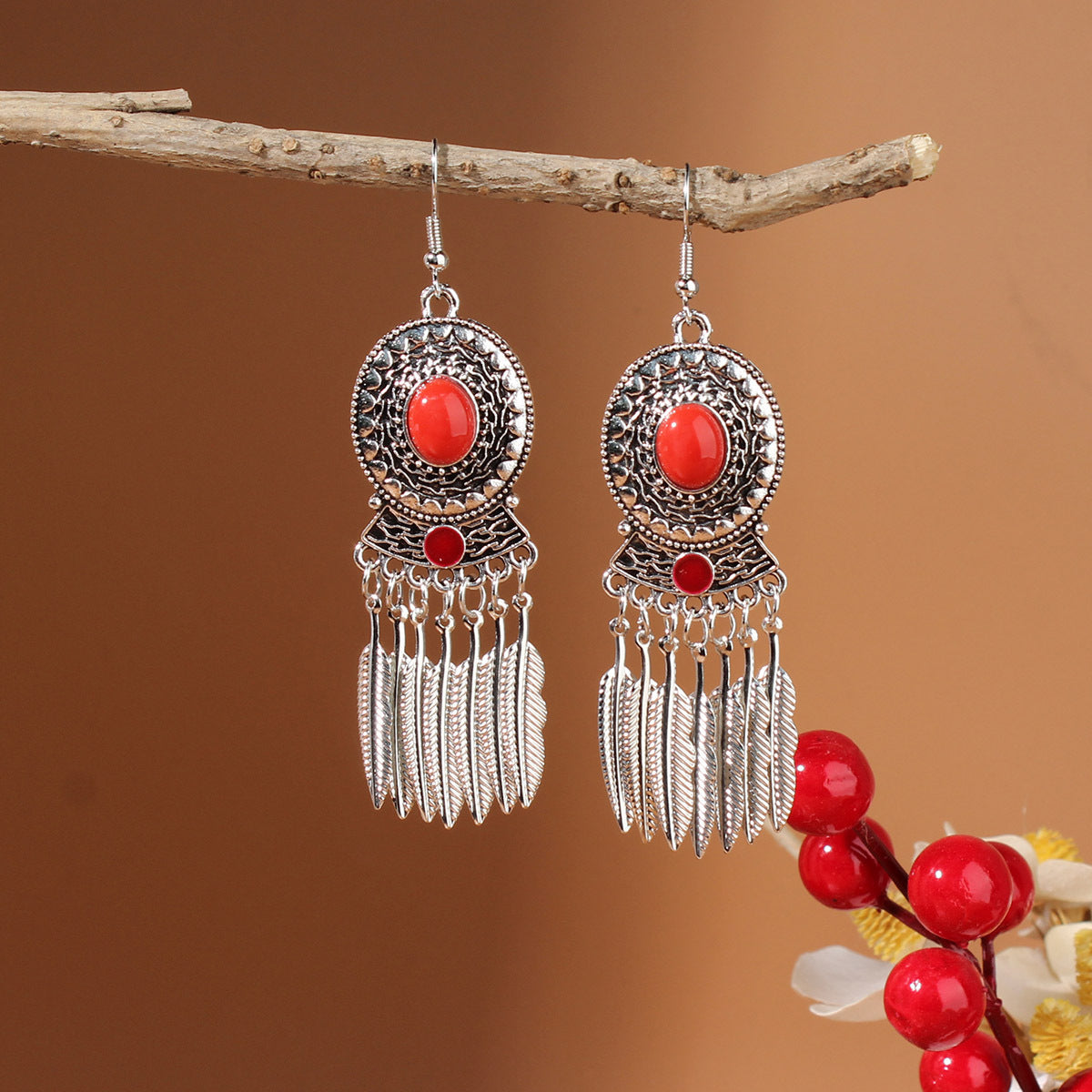 Tibetan Cross-Border Ethnic Silver Earrings | Colorful Feather Dangle Earrings with Turquoise | Long Fringe Bohemian Statement Jewelry