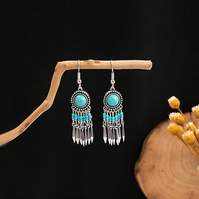 Tibetan Cross-Border Ethnic Silver Earrings | Colorful Feather Dangle Earrings with Turquoise