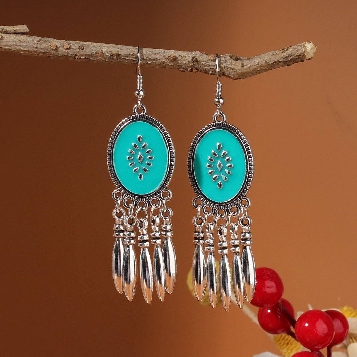 Tibetan Cross-Border Ethnic Silver Earrings | Colorful Feather Dangle Earrings with Turquoise | Long Fringe Bohemian Statement Jewelry