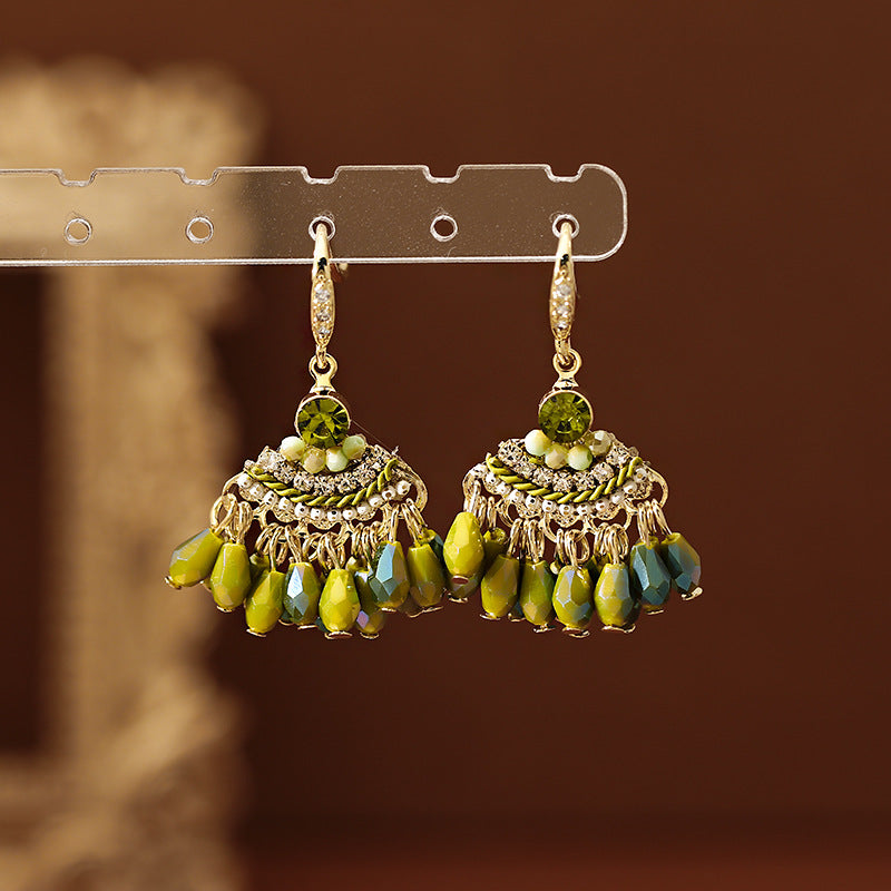 Bohemian style green crystal fringed ear hook earrings design sense niche stud earrings seaside vacation style earrings women