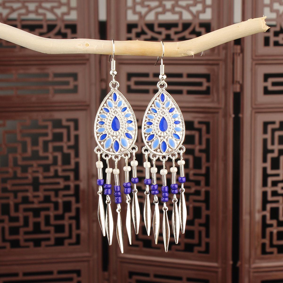 Tibetan Cross-Border Ethnic Silver Earrings | Colorful Feather Dangle Earrings with Turquoise | Long Fringe Bohemian Statement Jewelry