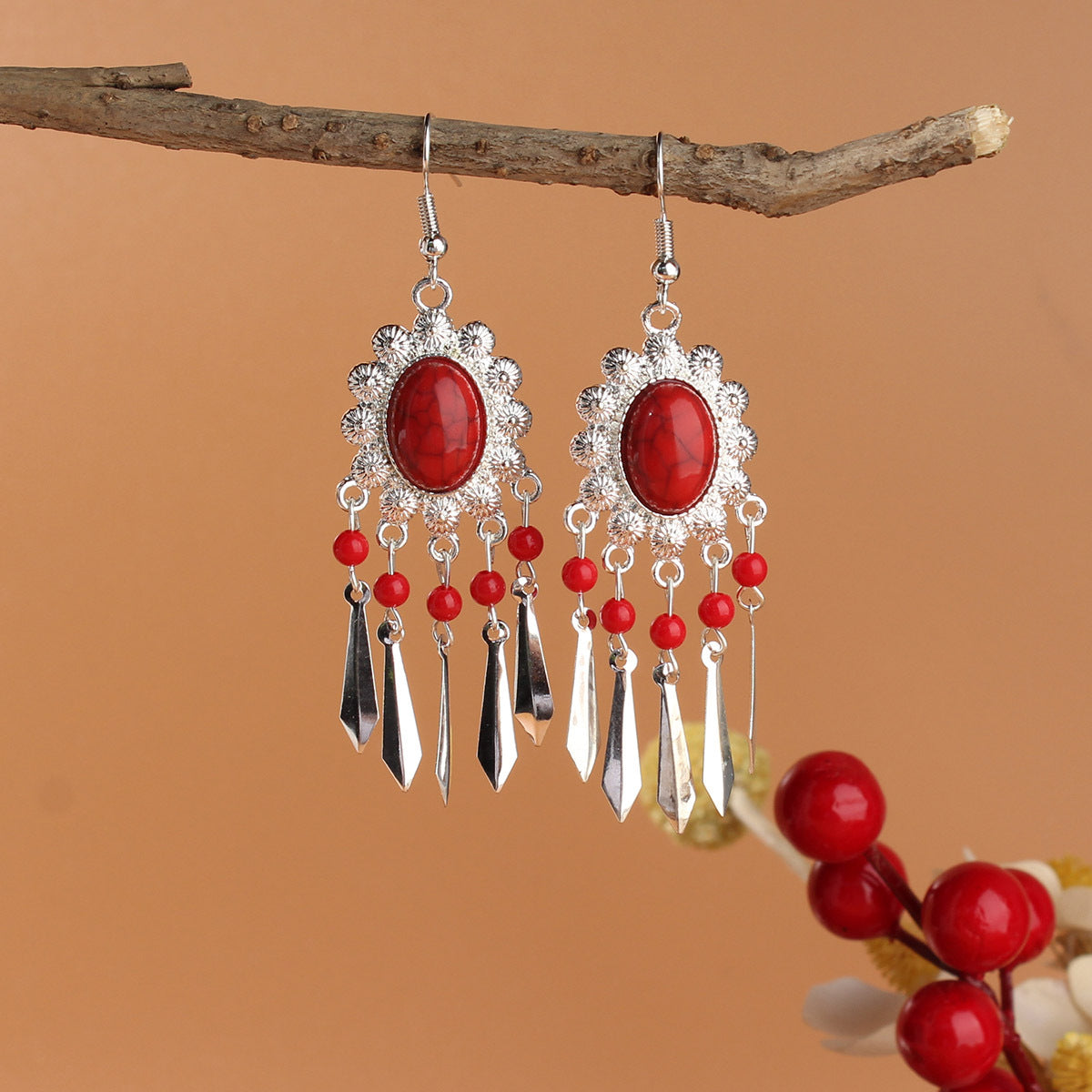 Tibetan Cross-Border Ethnic Silver Earrings | Colorful Feather Dangle Earrings with Turquoise | Long Fringe Bohemian Statement Jewelry