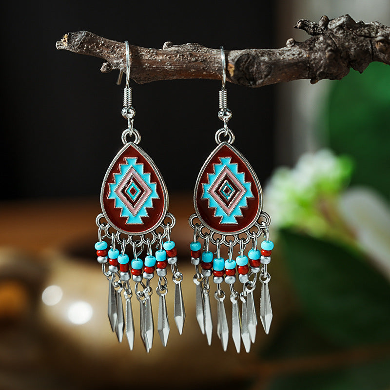 Tibetan Cross-Border Ethnic Silver Earrings | Colorful Feather Dangle Earrings with Turquoise | Long Fringe Bohemian Statement Jewelry