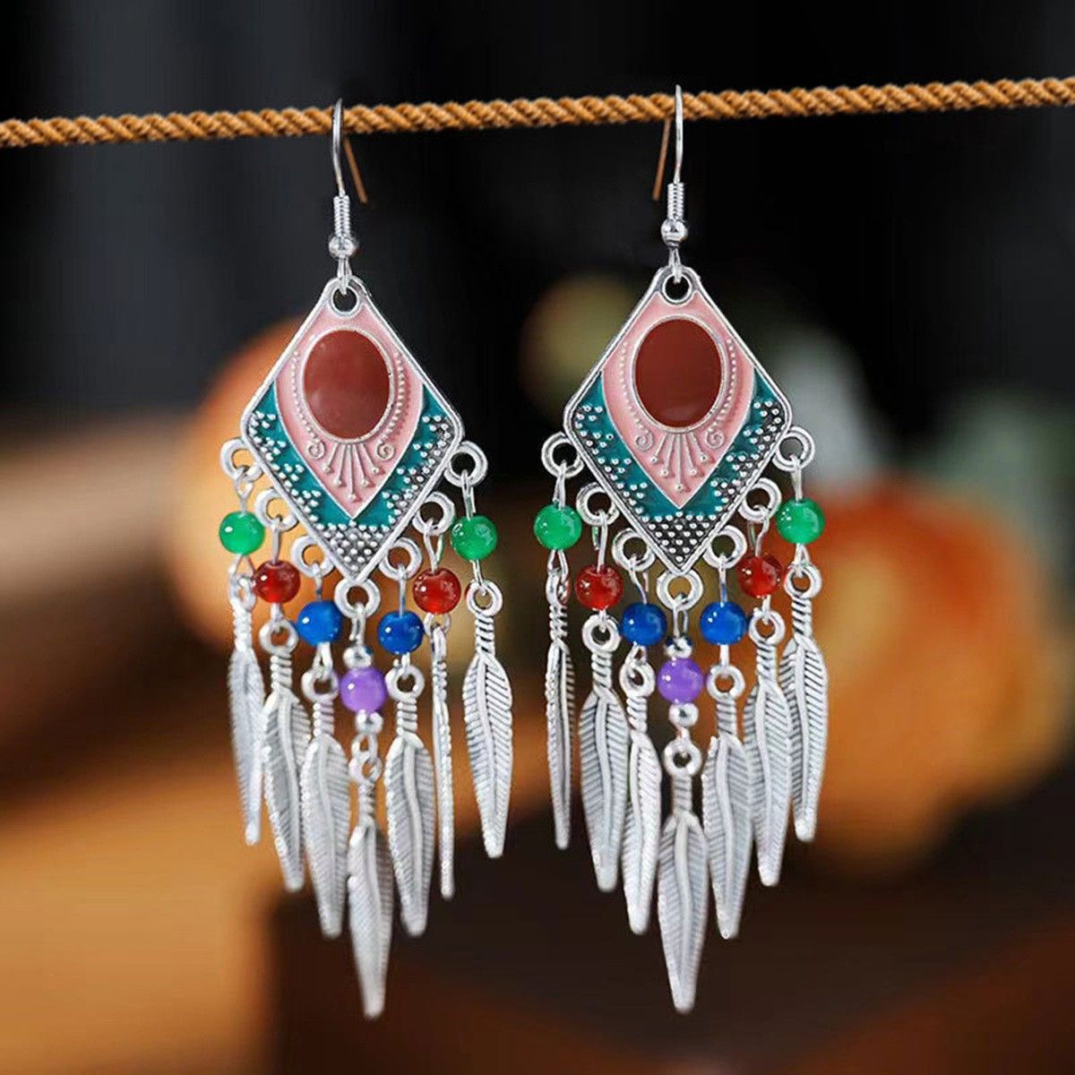 Tibetan Colorful Feather Dangle Earrings with Turquoise | Long Fringe Bohemian Statement Jewelry |