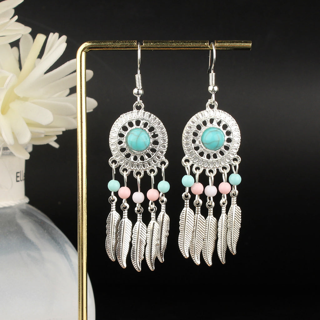 Tibetan Cross-Border Ethnic Silver Earrings | Colorful Feather Dangle Earrings with Turquoise