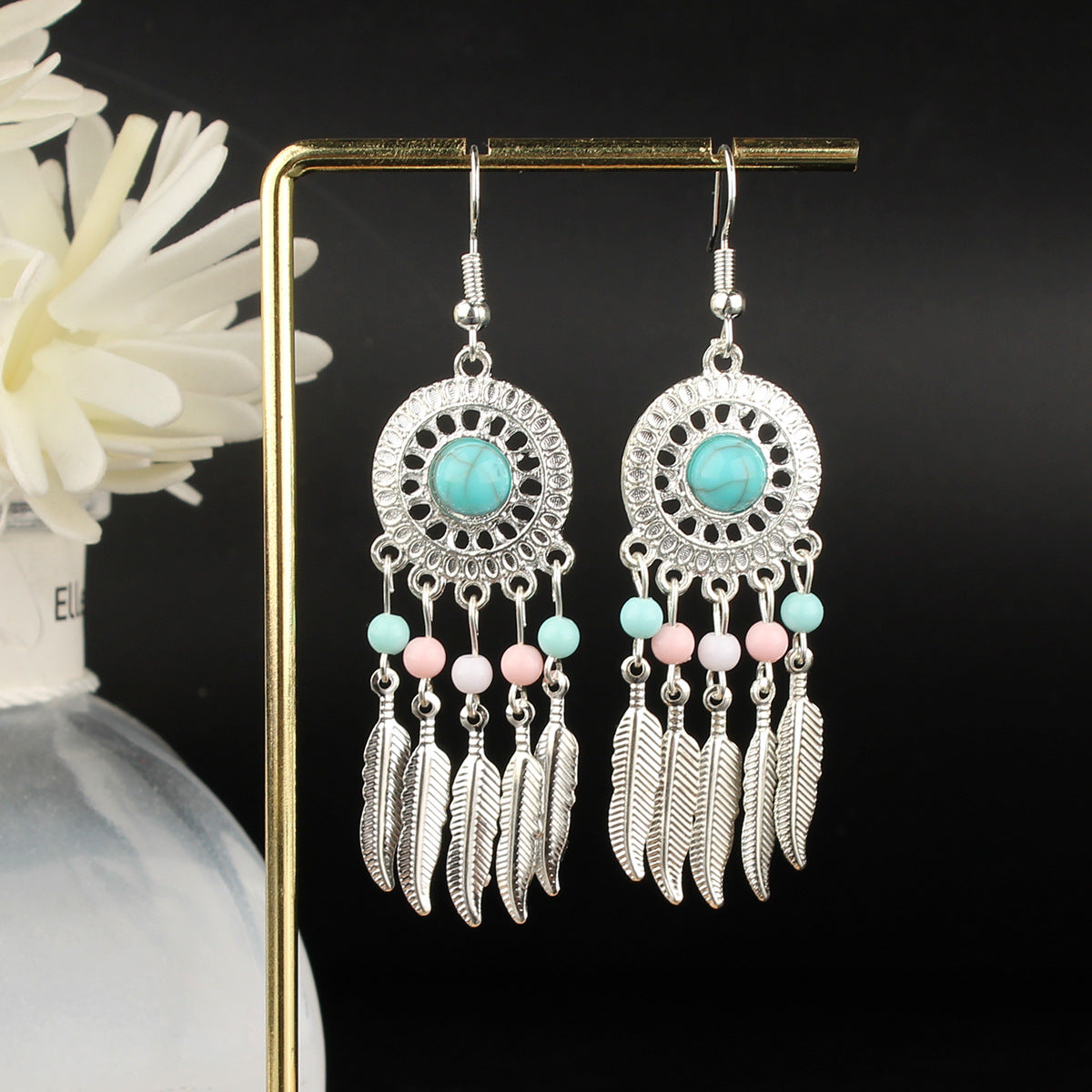 Tibetan Cross-Border Ethnic Silver Earrings | Colorful Feather Dangle Earrings with Turquoise