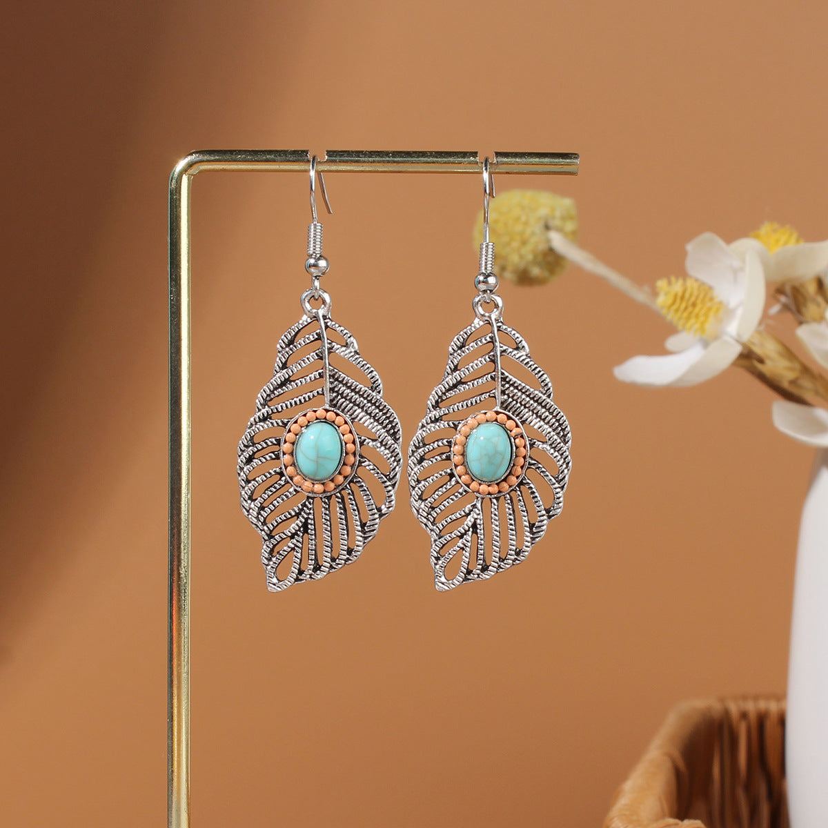 Tibetan openwork earrings Ethnic Silver Earrings | Colorful Feather Dangle Earrings with Turquoise | Long Fringe Bohemian Statement Jewelry