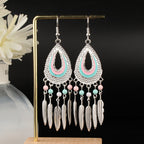 Tibetan openwork earrings Ethnic Silver Earrings | Colorful Feather Dangle Earrings with Turquoise | Long Fringe Bohemian Statement Jewelry