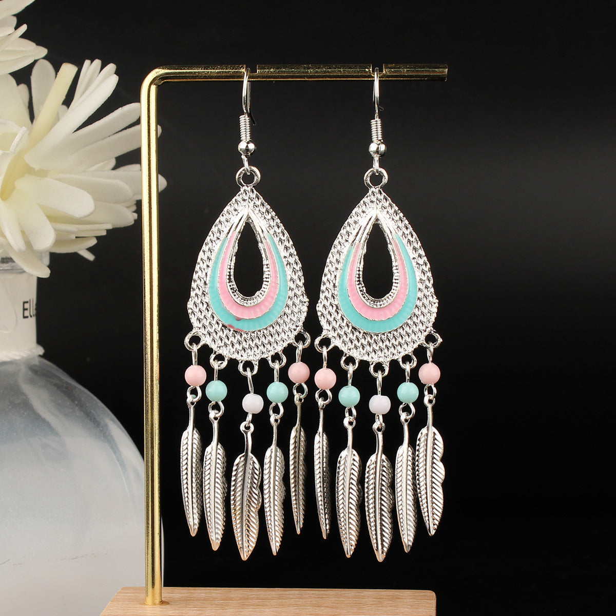 Tibetan openwork earrings Ethnic Silver Earrings | Colorful Feather Dangle Earrings with Turquoise | Long Fringe Bohemian Statement Jewelry
