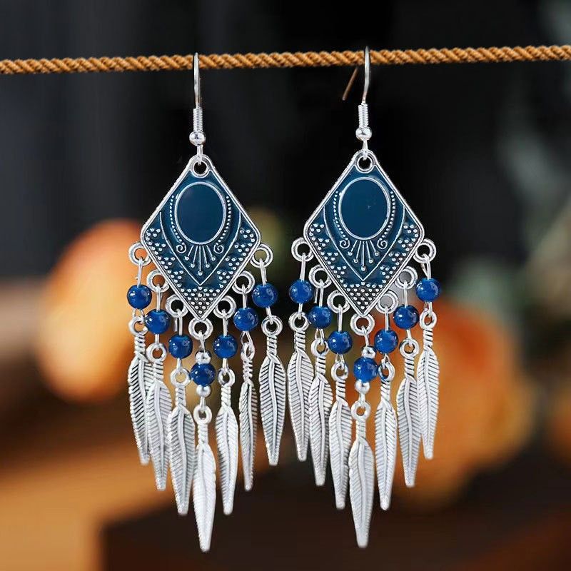 Tibetan Colorful Feather Dangle Earrings with Turquoise | Long Fringe Bohemian Statement Jewelry |