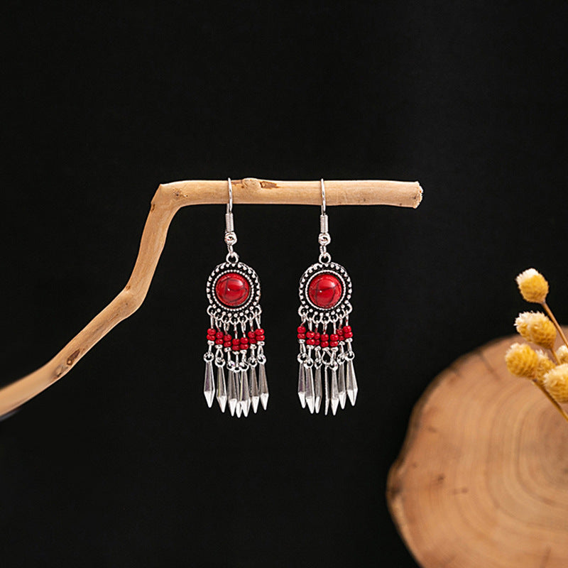 Tibetan Cross-Border Ethnic Silver Earrings | Colorful Feather Dangle Earrings with Turquoise
