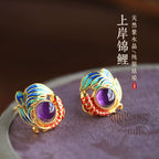 S925 Sterling Silver Natural Amethyst Enamel Koi Fish Stud Earrings