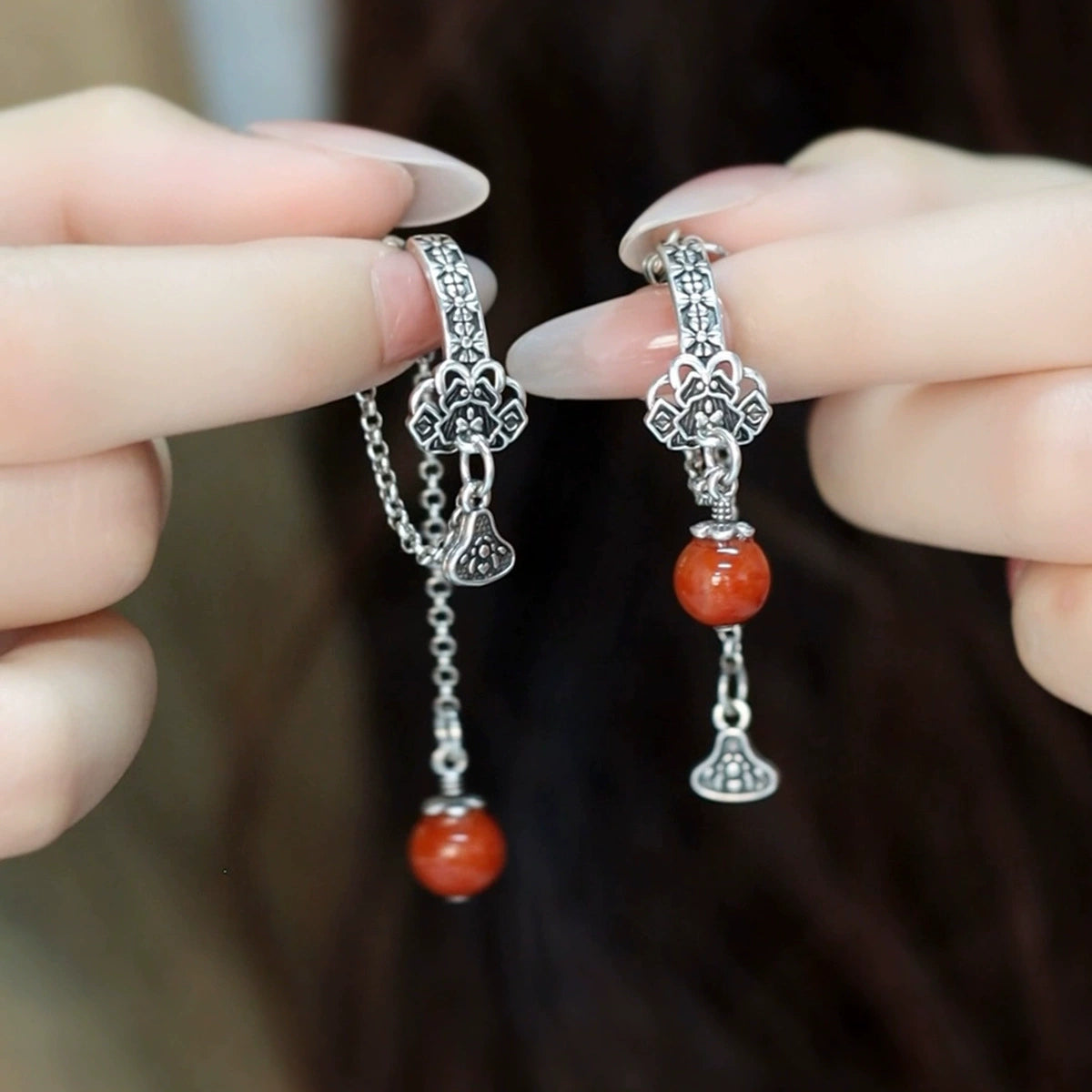 925 silver Tibetan long tassel Nanhong asymmetric earrings women's niche design high sense