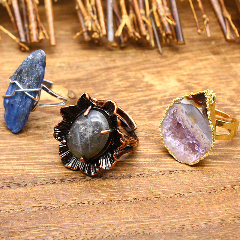 Himalayan Raw Crystal Energy Rings – Adjustable Handmade Rings in Blue Quartz, Agate, or Labradorite