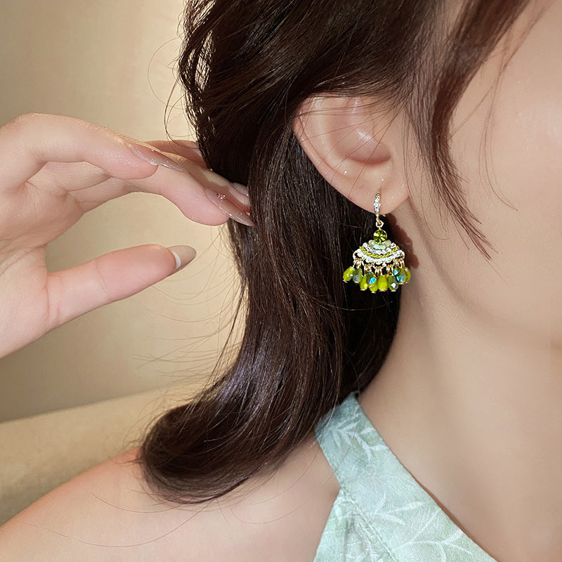 Bohemian style green crystal fringed ear hook earrings design sense niche stud earrings seaside vacation style earrings women