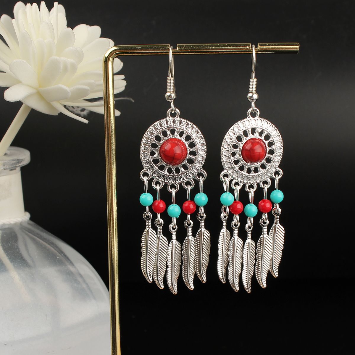 Tibetan Cross-Border Ethnic Silver Earrings | Colorful Feather Dangle Earrings with Turquoise