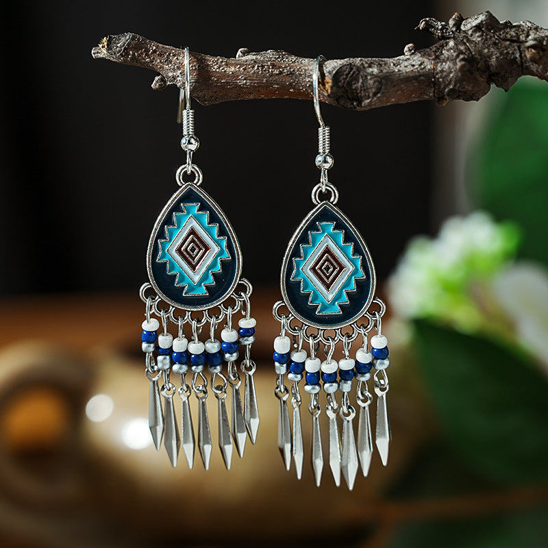 Tibetan Cross-Border Ethnic Silver Earrings | Colorful Feather Dangle Earrings with Turquoise | Long Fringe Bohemian Statement Jewelry