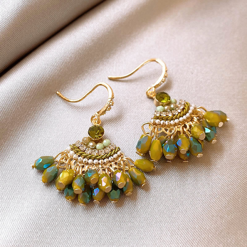 Bohemian style green crystal fringed ear hook earrings design sense niche stud earrings seaside vacation style earrings women