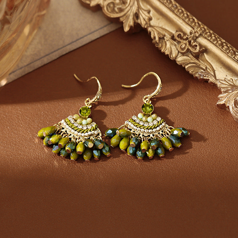 Bohemian style green crystal fringed ear hook earrings design sense niche stud earrings seaside vacation style earrings women