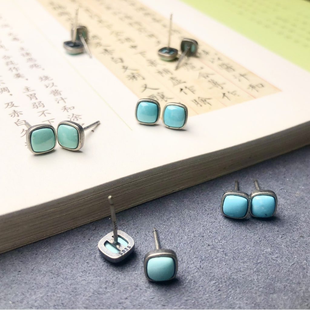 Tibetan Raw Turquoise Cube Stud Earrings Precision-Set in S925 Sterling Silver | Minimalist Daily Wear