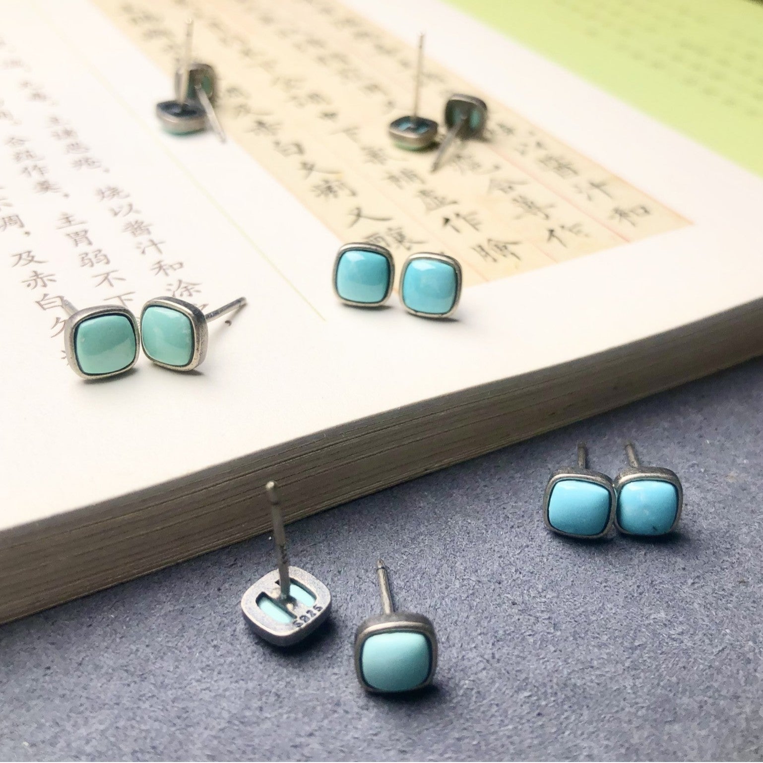 Tibetan Raw Turquoise Cube Stud Earrings Precision-Set in S925 Sterling Silver | Minimalist Daily Wear