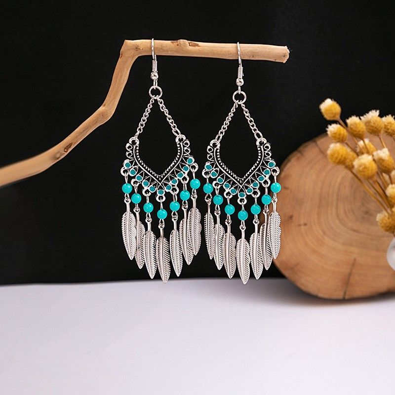 Tibetan Colorful Feather Dangle Earrings with Turquoise | Long Fringe Bohemian Statement Jewelry |