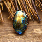 Himalayan Raw Labradorite Crystal Statement Ring – Adjustable Handmade Boho Gemstone Jewelry