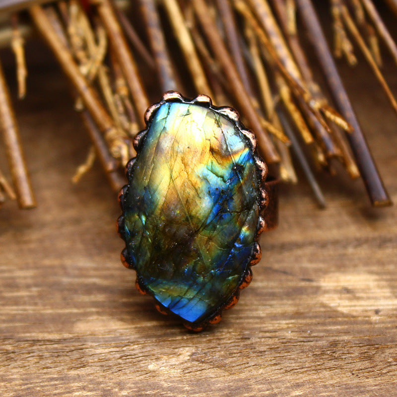 Himalayan Raw Labradorite Crystal Statement Ring – Adjustable Handmade Boho Gemstone Jewelry