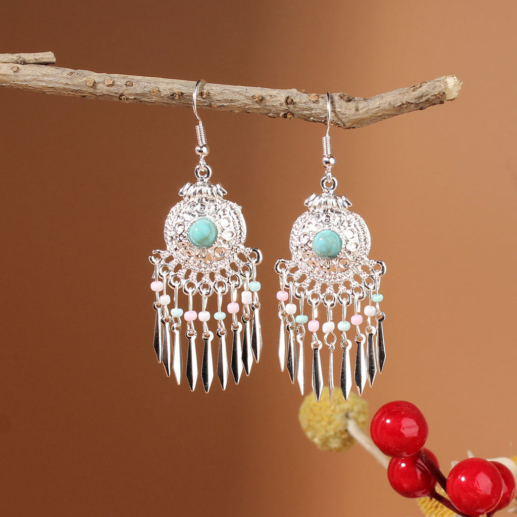 Tibetan Cross-Border Ethnic Silver Earrings | Colorful Feather Dangle Earrings with Turquoise