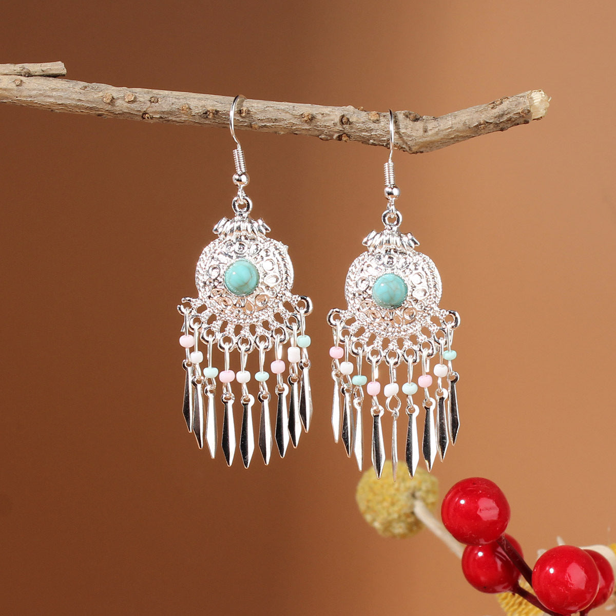 Tibetan Cross-Border Ethnic Silver Earrings | Colorful Feather Dangle Earrings with Turquoise | Long Fringe Bohemian Statement Jewelry