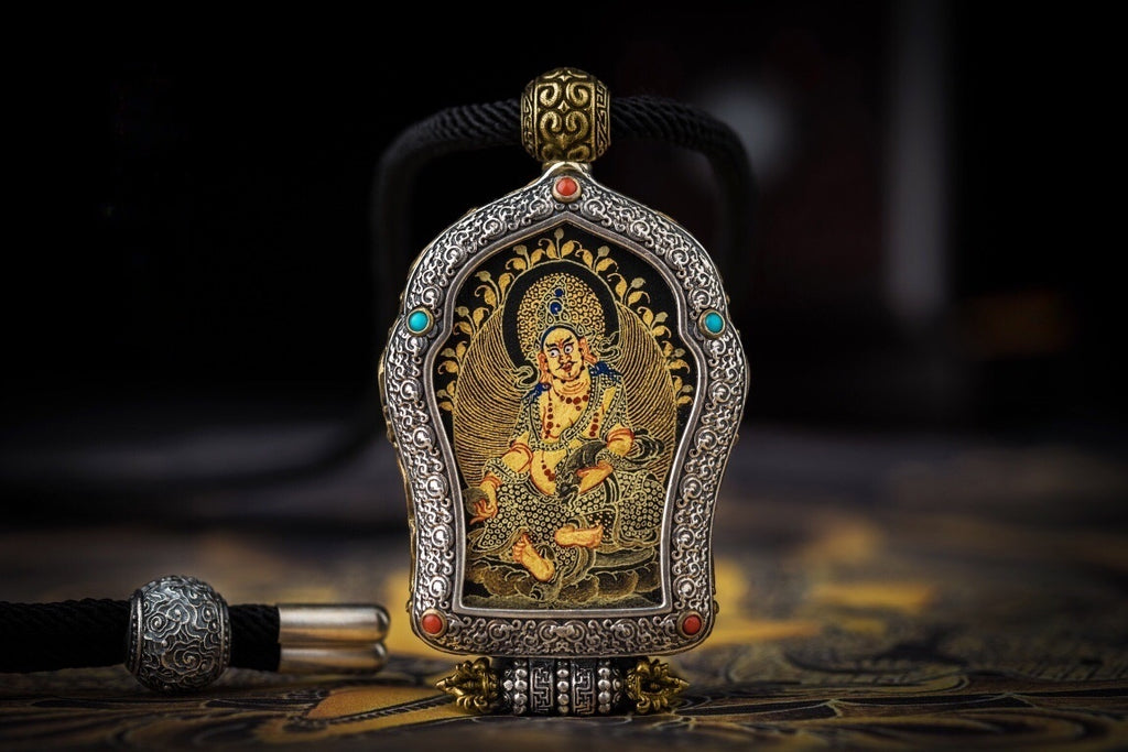 Black‑Gold Thangka Gau Necklace | 925 Silver & Dharma Wheel