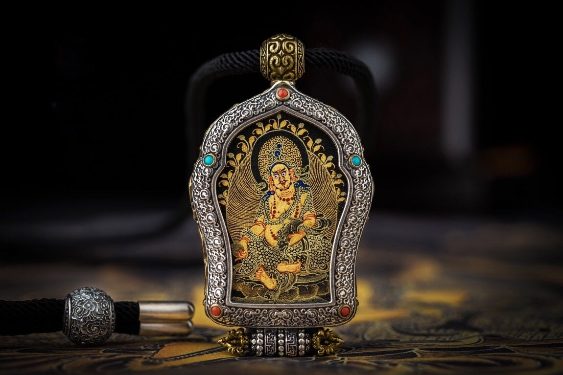 Black‑Gold Thangka Gau Necklace | 925 Silver & Dharma Wheel