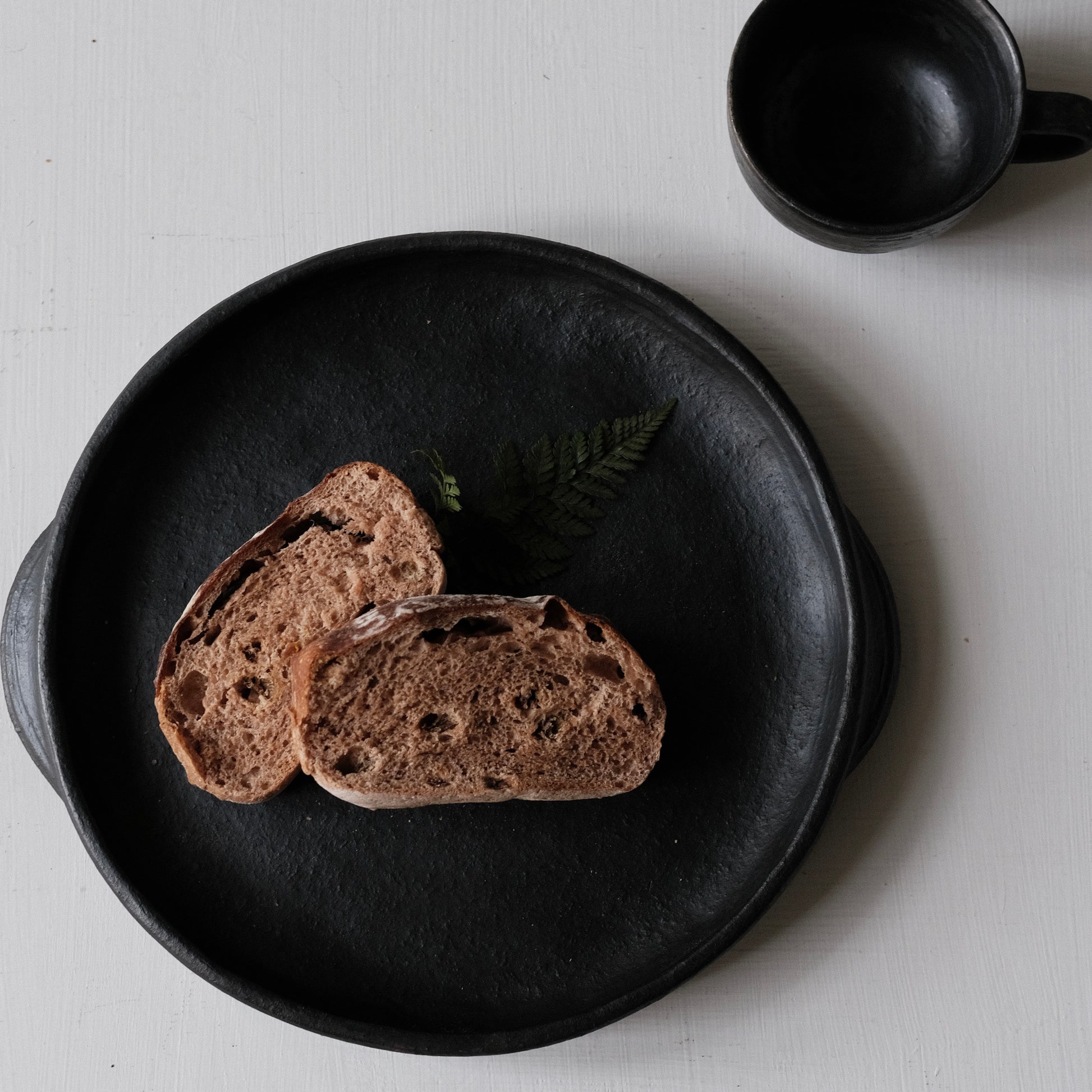 Tibetan Black Pottery  Double‑Ear Tray – Handmade Rustic Plate