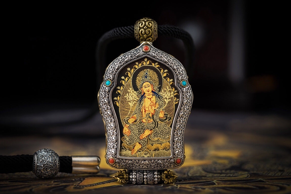 Black‑Gold Thangka Gau Necklace | 925 Silver & Dharma Wheel