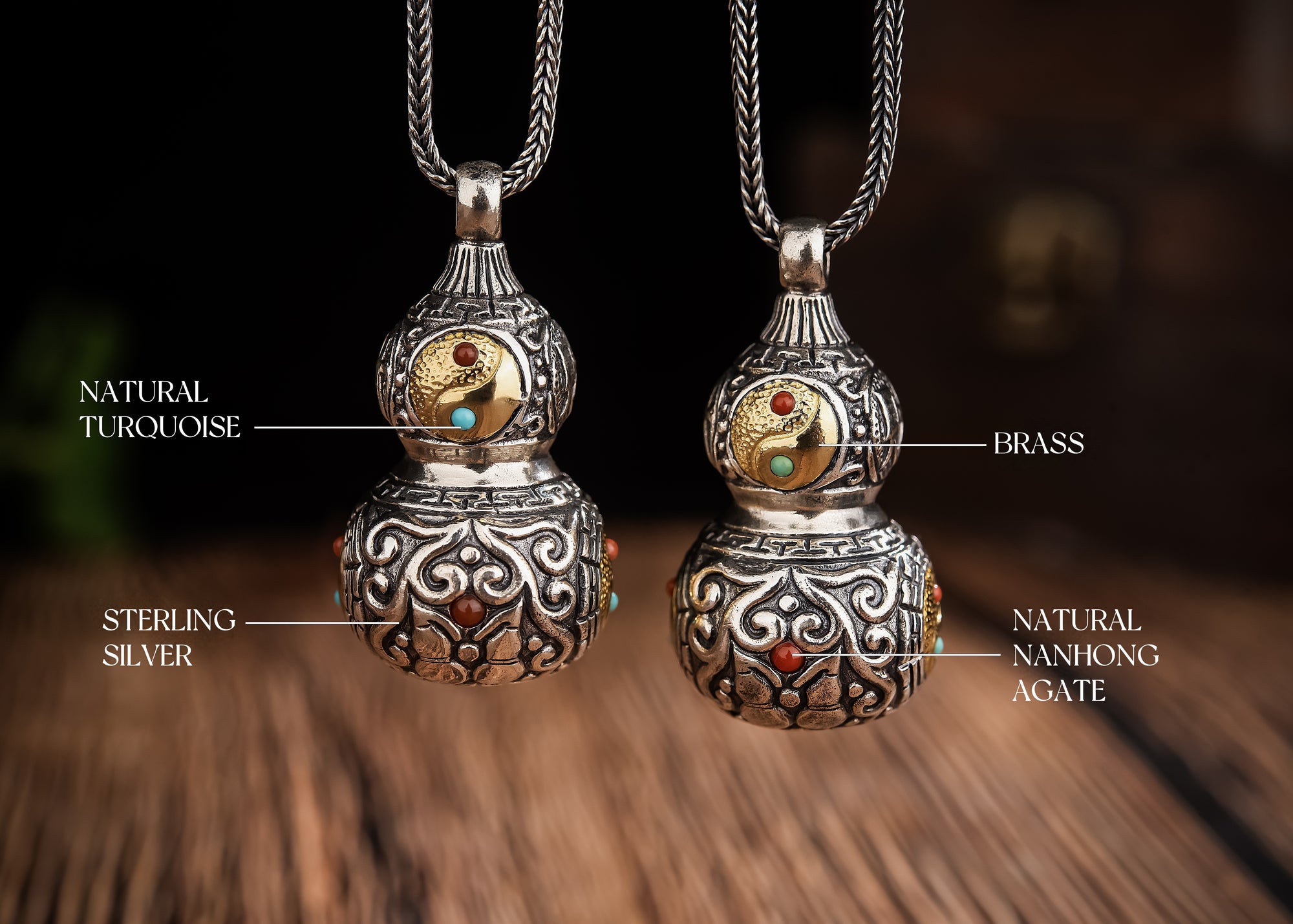 Tibetan Gourd Pendant | Sterling Silver, Brass & Agate Luck Charm