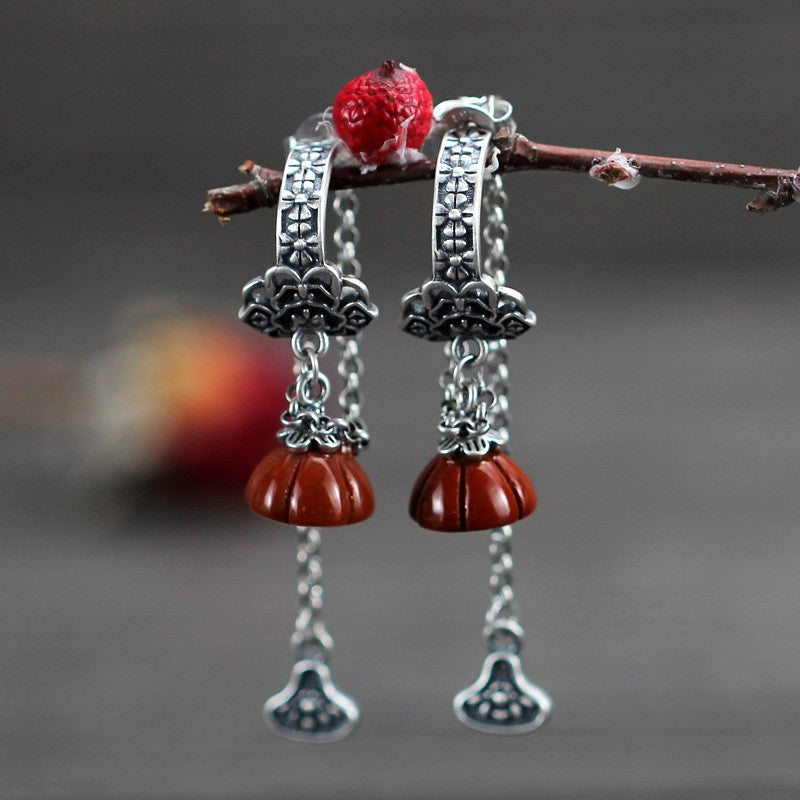 925 silver Tibetan long tassel Nanhong asymmetric earrings women's niche design high sense